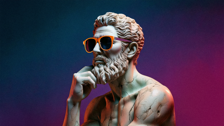 A classical-style marble statue of a bearded man wearing modern, vibrant orange sunglasses, posed thoughtfully with one hand on his chin. The statue is illuminated by colorful lighting in shades of blue and pink, giving it a contemporary and artistic vibe.